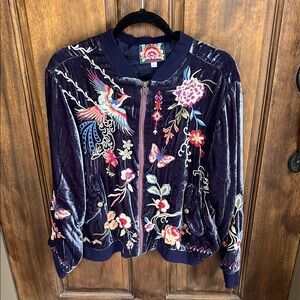 Johnny Was Velvet Blue Bomber Jacket with Ornate Floral Design